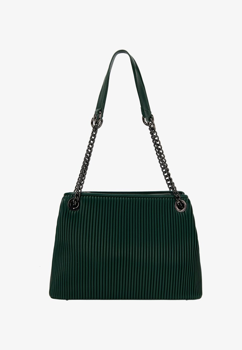 Zöld, plisszírozott kézitáska texturált anyagból, láncos pánttal és ezüst színű részletekkel. Téglalap alakú, cipzáros záródással.