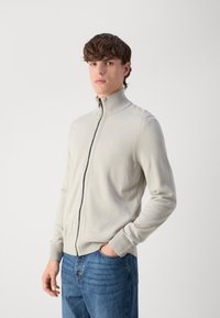 Lysegrå zip-up genser med ribbestrikket krage og mansjetter, med en jevn tekstur og subtil logo detalj på brystet, kombinert med blå jeans.