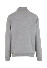 Harmaa huppari, jossa on korkea kaulus ja pitkät hihat. Kangas on sileä, ja siinä on ribbaus hihansuissa ja helmassa, mikä korostaa yksinkertaista muotoilua.