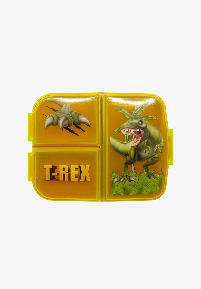 Yellow T-Rex lunchbox with claw design, featuring a dinosaur illustration, grass accents, and raised "T-REX" lettering.