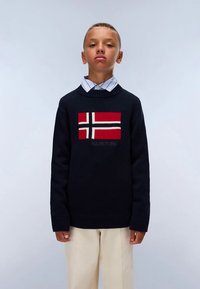 Ragazzo che indossa un maglione blu navy con un design di bandiera rossa e bianca, una camicia bianca con colletto e pantaloni beige, in piedi contro uno sfondo chiaro e semplice.