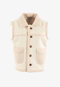 Chaleco sin mangas de felpa color crema con botones marrones, dos bolsillos frontales y un collar ancho. Bordes de tejido suave y texturizado.
