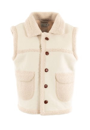 Gilet senza maniche color crema in pile con bottoni marroni, due tasche frontali e un ampio colletto. Bordo in tessuto morbido e testurizzato.