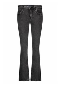 Zwarte flared jeans met een aansluitende taille, voorzakken en een klassieke denimtextuur. Gestikte details langs de naden.