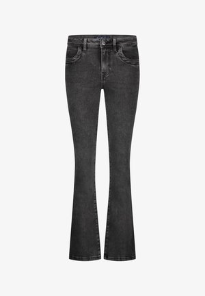 Zwarte flared jeans met een aansluitende taille, voorzakken en een klassieke denimtextuur. Gestikte details langs de naden.