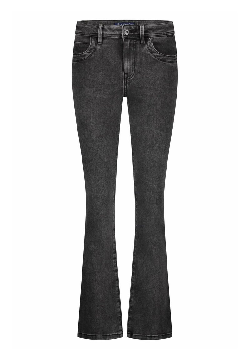 Zwarte flared jeans met een aansluitende taille, voorzakken en een klassieke denimtextuur. Gestikte details langs de naden.