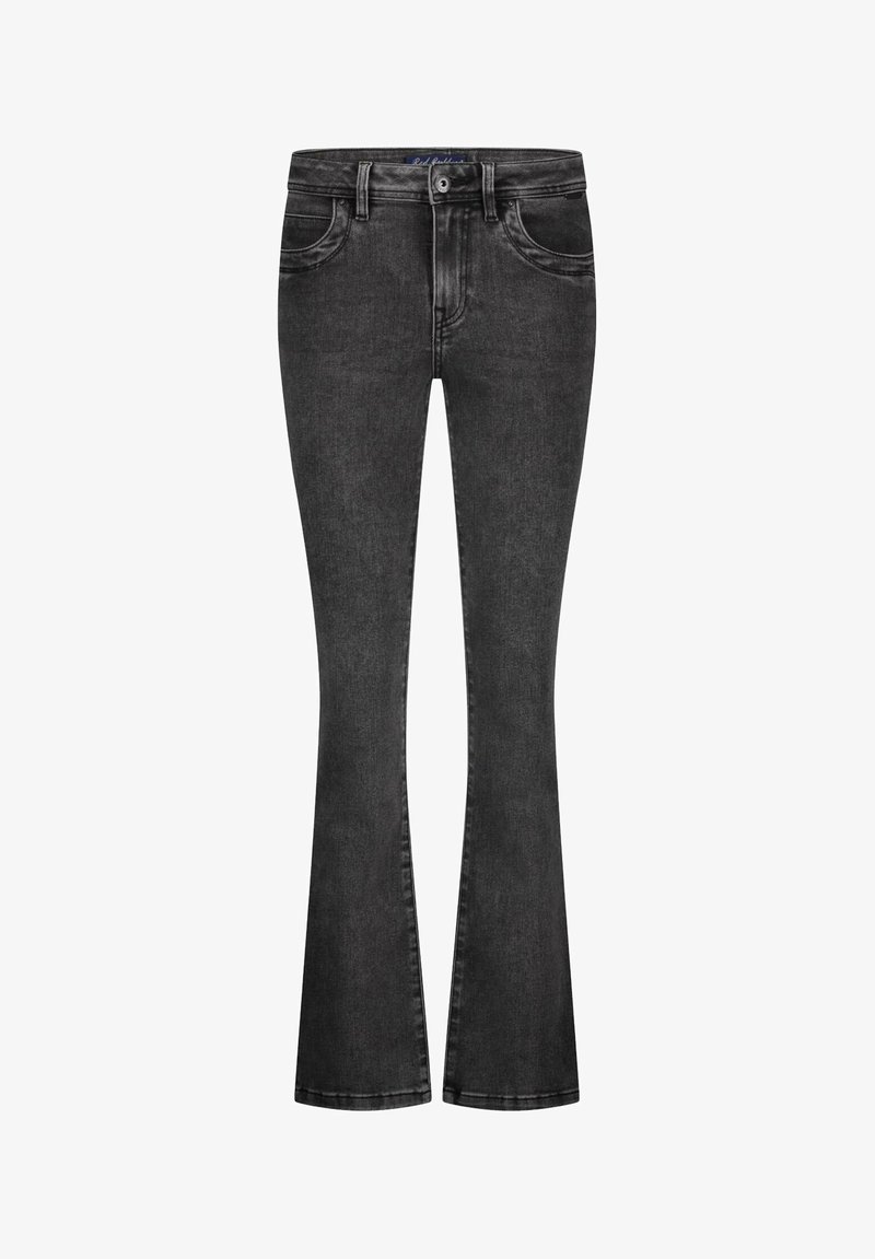 Zwarte flared jeans met een aansluitende taille, voorzakken en een klassieke denimtextuur. Gestikte details langs de naden.
