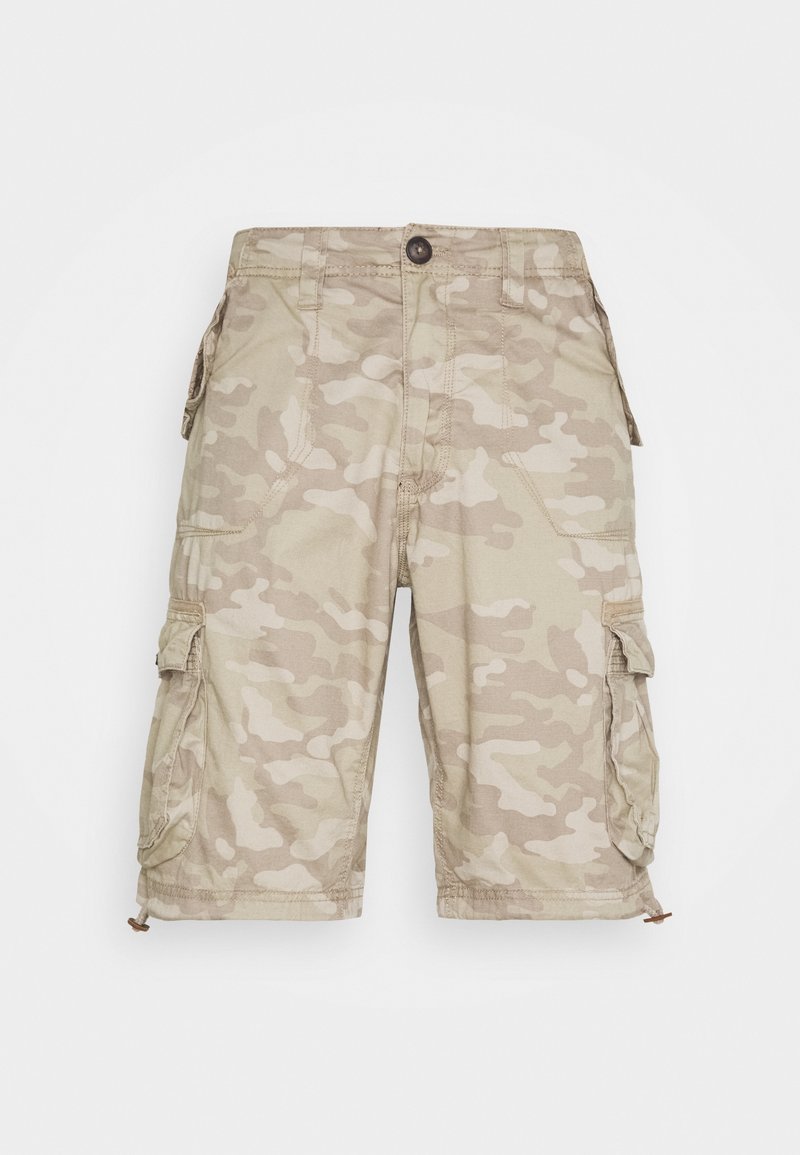 Beige kamouflage cargo-shorts med flera fickor, knappstängning och dragsko vid fållen. Tillverkade av lättviktsmaterial.