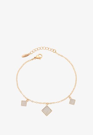 Arany lánc karkötő, három gyémánt alakú medállal, amelyek tiszta kövekkel vannak kirakva. Állítható csattal és logós címkével. Elegáns, minimalista dizájn.