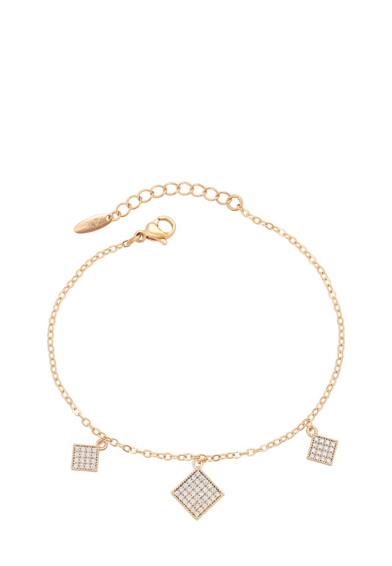 Złota bransoletka z trzema diamentowymi zawieszkami osadzonymi w przezroczystych kamieniach. Regulowane zapięcie z oznaczeniem logo. Elegancki, minimalistyczny design.