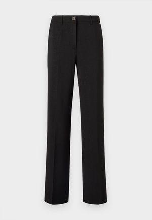 Pantaloni negri croiți, cu picior drept, având o textură subtilă, o închidere la față cu nasture și un croi clasic.