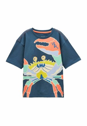 Navy blue short-sleeve shirt with a large colorful cartoon crab graphic covering the front.