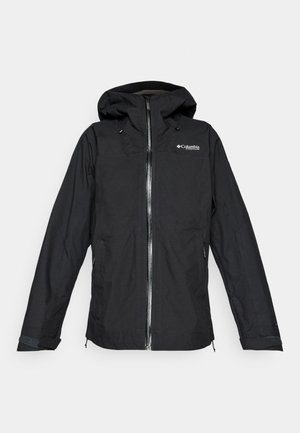 Fekete Columbia Titanium kapucnis vízálló dzseki elülső cipzárral és állítható mandzsettával, laza fazonban, fehér háttér előtt elszigetelve.