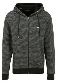 Crna i siva melirana zip-up dukserica s kapuljačom na vezanje, rebrastim manžetama i rubom, s malim trokutastim logotipom na lijevoj strani prsiju.