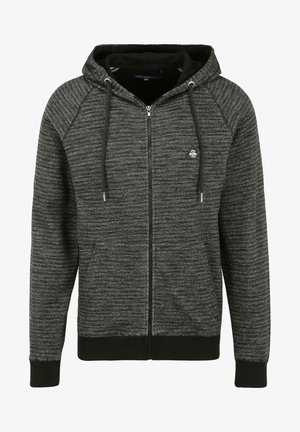 Schwarze und graue melierte Zip-Up-Sweatjacke mit einer Kordelzugkapuze, gerippten Bündchen und Saum, versehen mit einem kleinen Dreieckslogo auf der linken Brust.