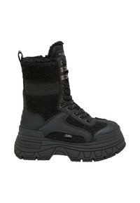 Black high-top winter boot with thick rubber sole, lace-up front, and fuzzy textured fabric on upper and sides.