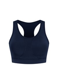 Sujetador deportivo azul marino con diseño de espalda nadadora. Está hecho de un tejido suave y elástico. Cuenta con costuras curvas y una banda inferior ancha y de soporte.