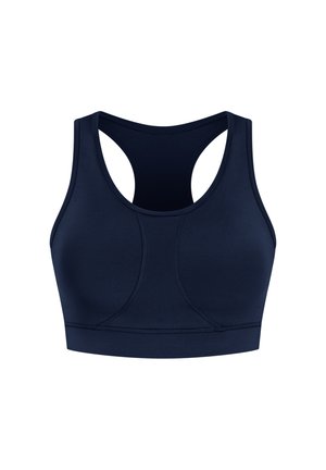 Bra sportivo blu navy con design a schiena scoperta. Realizzato in tessuto liscio e elasticizzato. Presenta cuciture curve e un'ampia fascia di sostegno sotto.