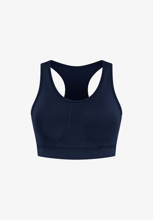 Bra sportivo blu navy con design a schiena scoperta. Realizzato in tessuto liscio e elasticizzato. Presenta cuciture curve e un'ampia fascia di sostegno sotto.