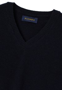 Dunkelblauer V-Ausschnitt-Pullover aus weicher Wolle, mit geripptem Kragen und einem Etikett mit der Aufschrift „PIOMBO“ in Gold auf blauem Hintergrund.