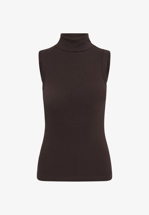 Haut sans manches côtelé, marron foncé, à col roulé avec une coupe ajustée et un col montant sur fond blanc.