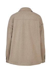 Veste beige en mélange de laine à manches longues avec col, couture visible sur le haut du dos et poignets boutonnés, vue de dos.