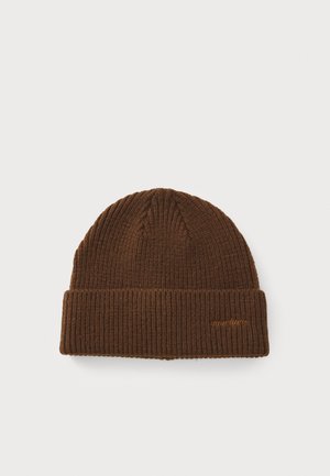 Brown knit beanie with a ribbed texture, folded cuff, and subtle logo embroidery on the side. Made of soft, warm material.