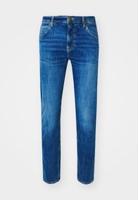 Pantalones vaqueros de mezclilla azul con un diseño de pierna recta, dos bolsillos frontales y un solo bolsillo trasero. La tela tiene un lavado medio con un ligero desvanecimiento.