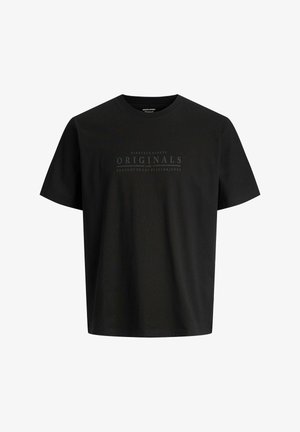 Schwarzes T-Shirt mit kurzen Ärmeln und Rundhalsausschnitt, vorn mit dezentem, dunklem Text "Nineteen Ninety Originals 1990 Brought to you by Jack & Jones".