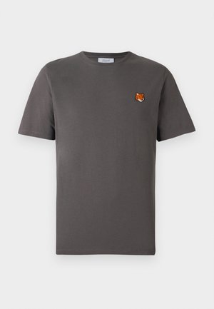 Gray cotton t-shirt with short sleeves. Features a small embroidered fox head on the left chest area. Classic crewneck design.