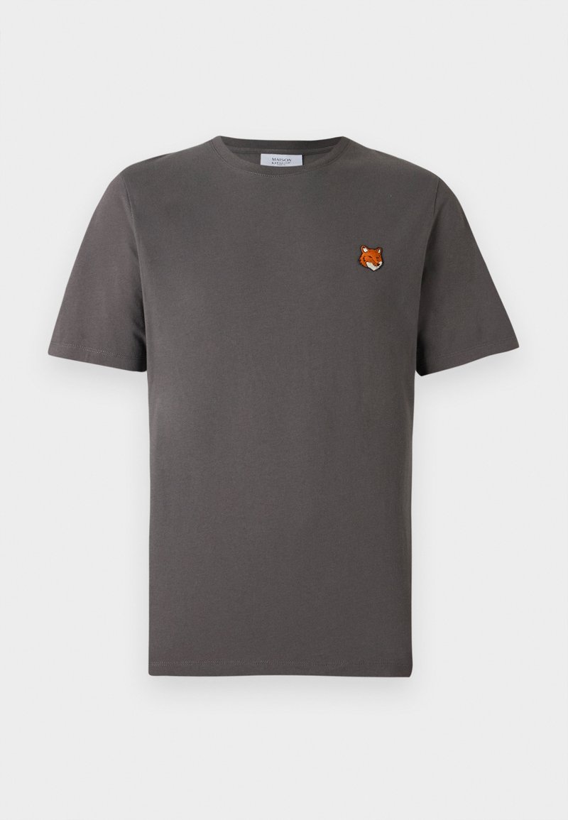 Gray cotton t-shirt with short sleeves. Features a small embroidered fox head on the left chest area. Classic crewneck design.