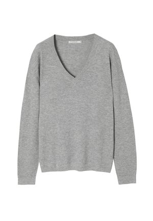 Pulover gri cu decolteu în V, realizat din material tricotat moale. Are mâneci lungi și margini ondulate, cu o croială relaxată și un design minimalist.
