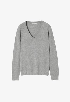 Harmaa V-päärmeinen neulepaita, joka on valmistettu pehmeästä neulemateriaalista. Ominaisuuksiin kuuluvat pitkät hihat ja ribbausreunat, rento istuvuus ja minimalistinen muotoilu.