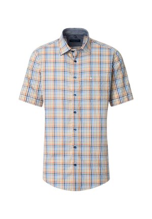 Kurze Ärmel Button-up-Hemd in einem mehrfarbigen Karomuster, das Blau-, Orange- und Cremetöne aufweist, mit spitzem Kragen und blauen Knöpfen.