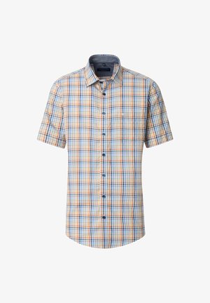 Kurze Ärmel Button-up-Hemd in einem mehrfarbigen Karomuster, das Blau-, Orange- und Cremetöne aufweist, mit spitzem Kragen und blauen Knöpfen.