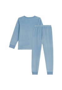 Pigiama azzurro chiaro realizzato in tessuto morbido. Caratterizzato da una maglietta a maniche lunghe e pantaloni con elastico in vita, con polsini abbinati su maniche e caviglie.