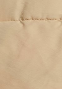 Tessuto beige morbido con una texture liscia e un leggero lucido, caratterizzato da una cucitura orizzontale visibile. Non sono presenti motivi o accessori.