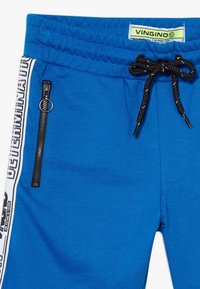 Modré sportovní kalhoty s elastickým pasem, černým šňůrkovým stahováním, bočním zipovým kapsou a bílými pruhovanými grafickými detaily.
