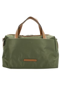 Oliwkowa prostokątna torba z brązowymi skórzanymi uchwytami, srebrnym zamkiem błyskawicznym i małą skórzaną metką na froncie.