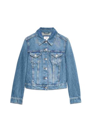 Niebieska kurtka dżinsowa z zapięciem na guziki, dwoma kieszeniami na klapie na piersi, długimi rękawami oraz klasycznym kołnierzem.