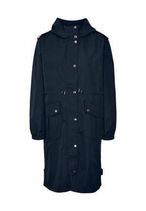 Marineblauer langer Mantel aus wasserabweisendem Stoff, mit Kapuze, Druckknöpfen, zwei vorderen Taschen und verstellbaren Taillenbändern.