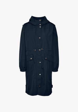 Navy blue long coat made of water-resistant fabric, featuring a hood, snap buttons, two front pockets, and adjustable waist drawstrings.