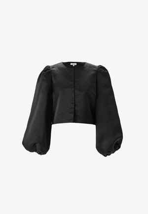 Zwart cropped top met poffende mouwen, gladde satijnen structuur, ronde halslijn en een sluiting aan de voorkant. Eenvoudig ontwerp en strakke silhouette.