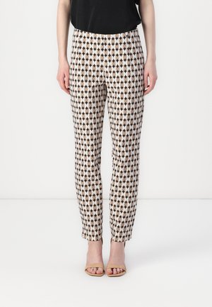 Patterned trousers featuring an alternating oval design in cream, beige, and black. Tailored fit with a straight leg and ankle length.