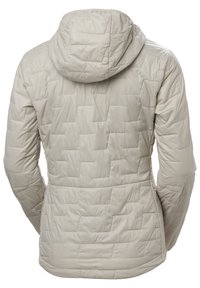 Lichtbeige hoodie-jack met een gewatteerd patroon, met een getailleerde taille en textuurstof. De achteraanzicht toont diagonale naden en een gladde afwerking.
