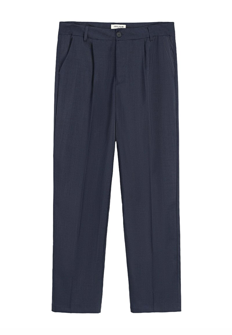 Pantalons bleu marine en tissu texturé, avec des détails de plis, une fermeture à glissière et bouton, des poches latérales et des jambes droites.