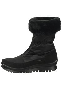 Stivale invernale nero con tomaia in nylon imbottito e bordo in finta pelliccia, dettagli in suede e suola in gomma texturizzata per una migliore aderenza.