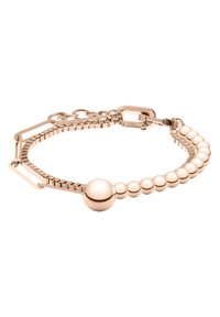 Rose gold bracelet featuring spherical beads and a textured chain design with a clasp, made of stainless steel.
