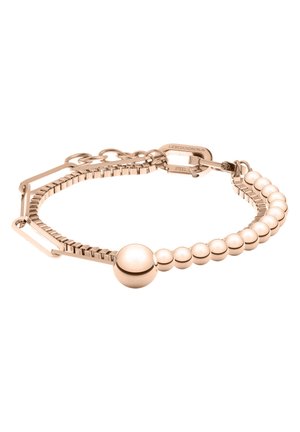 Bracelet en or rose avec des perles sphériques et une chaîne texturée dotée d'un fermoir, fabriqué en acier inoxydable.
