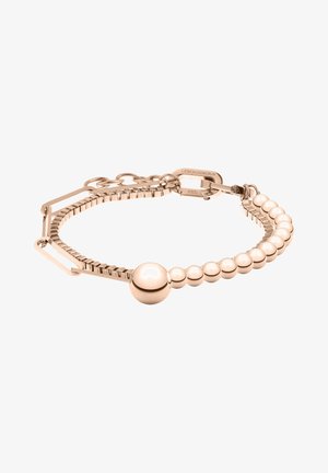 Bracelet en or rose avec des perles sphériques et une chaîne texturée dotée d'un fermoir, fabriqué en acier inoxydable.